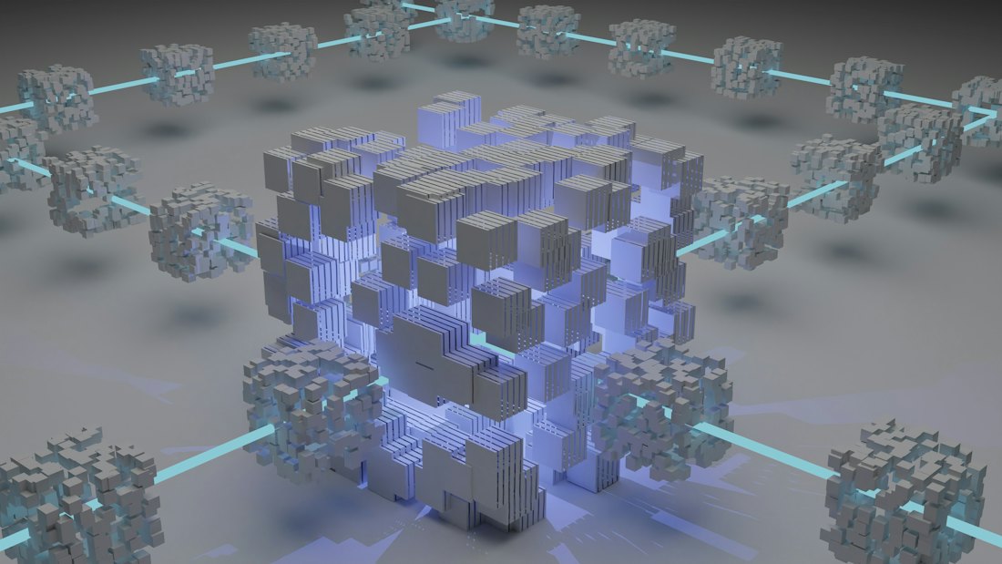 Abstract blocks and code on a dark screen